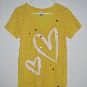 VS PINK Bling Sequin Trim Heart Print Yellow Tee M